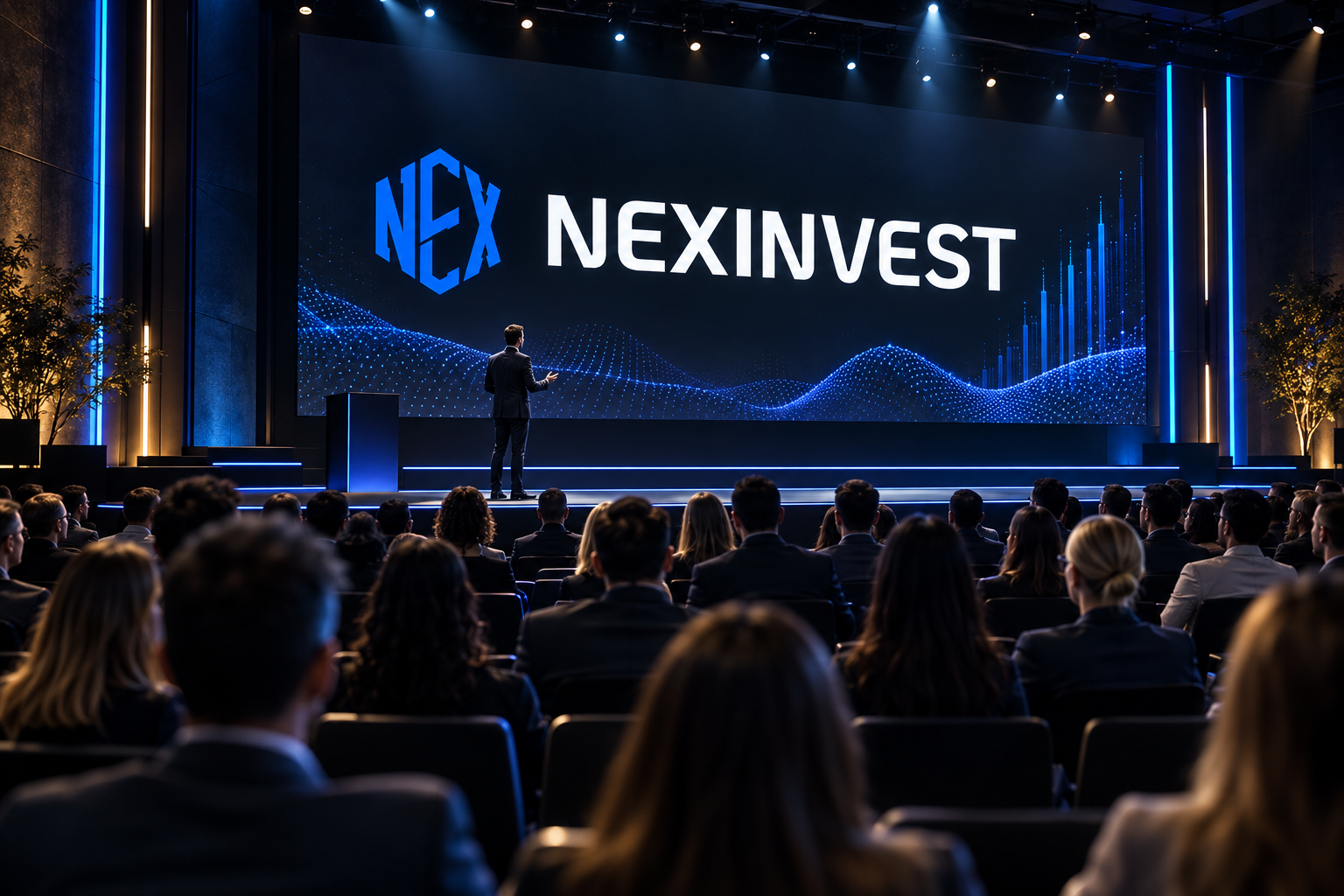 Concepto generado con IA: auditorio con público, ponente y la marca Nexinvest en una pantalla azul.