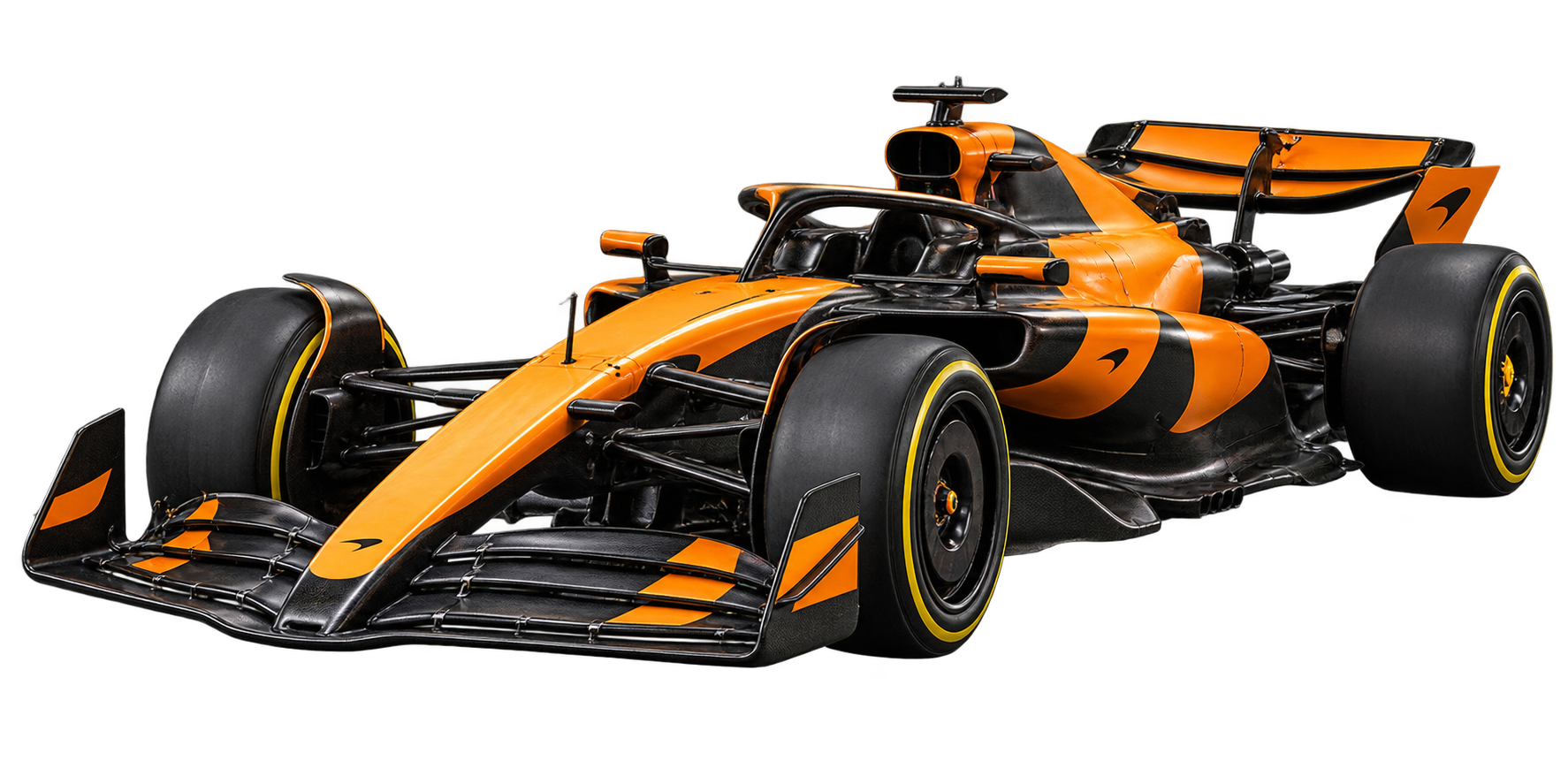 Monoplaza McLaren de Fórmula 1 naranja y negro, visto de tres cuartos.